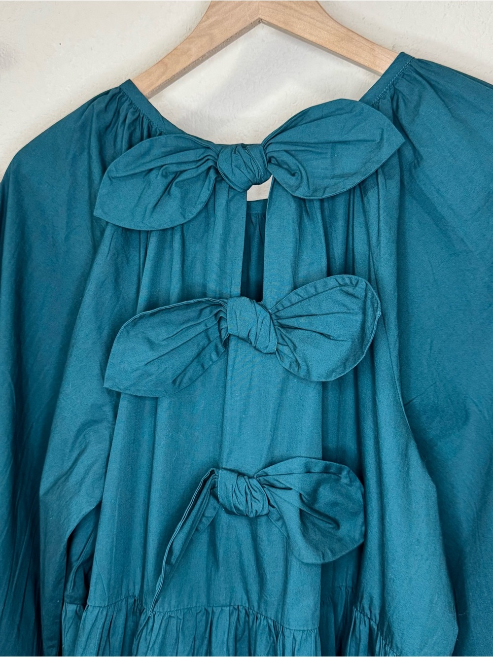 MUD PIE | Teal Tiered Puff-Sleeve Bow Back Dress Size Large - Picture 7 of 12
